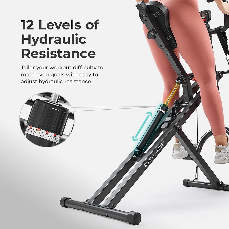 Sunny Health & Fitness Row-n-Ride Pro Assisted Squat Rowing Machine, 300 Lb Capacity Hydraulic Rower w Free SunnyFit App via Bluetooth