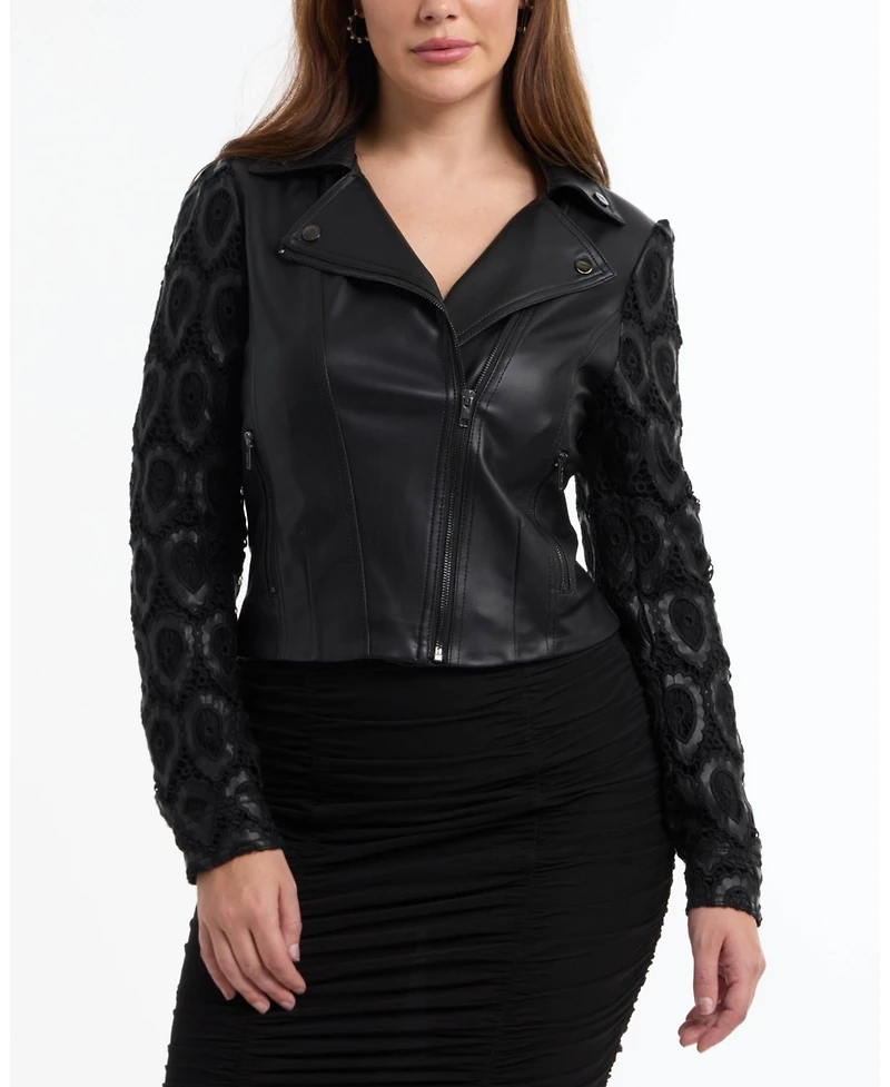 Bebe Women's Leather Embroidered Sleeve Moto Jacket