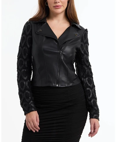Bebe Women's Leather Embroidered Sleeve Moto Jacket