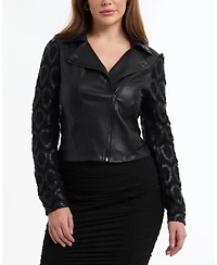 Bebe Women's Leather Embroidered Sleeve Moto Jacket