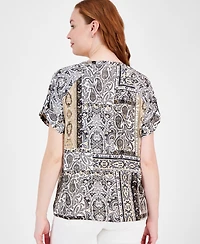 Jm Collection Women's Printed Satin Short-Sleeve Top, Exclusively at Macy's