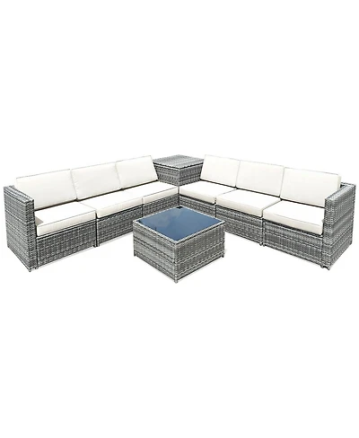 Gouun 8 Piece Wicker Sofa Rattan Dinning Set Patio Furniture with Storage Table