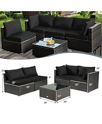 5 Pieces Cushioned Patio Rattan Furniture Set with Glass Table