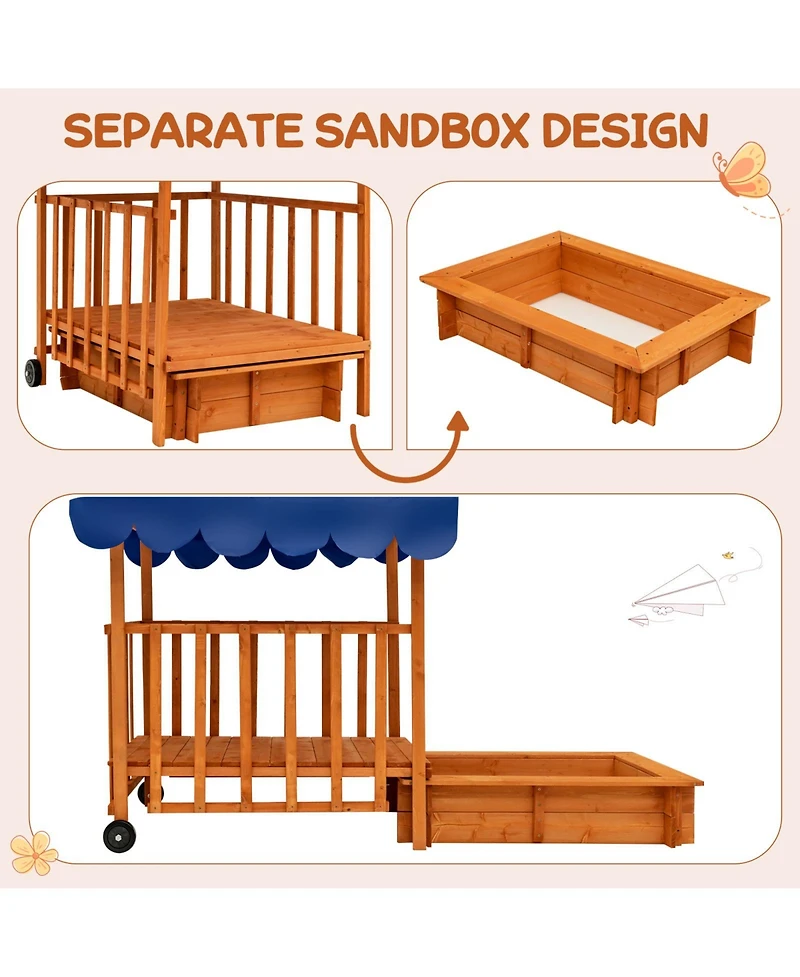 Gouun Kids Outdoor Wooden Retractable Sandbox with Cover and Built-in Wheels