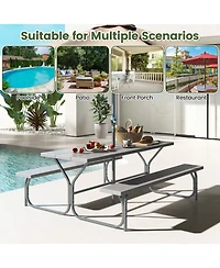 6 Ft Picnic Table Bench Set Dining and 2 Benches with Metal Frame Hdpe Tabletop