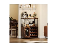 gaomon 3-Tier Wine Bar Cabinet with Led Lights, Detachable Wine Rack and Storage Space, Buffet Cabinet with Glass Holder and Mesh Door, for Kitchen
