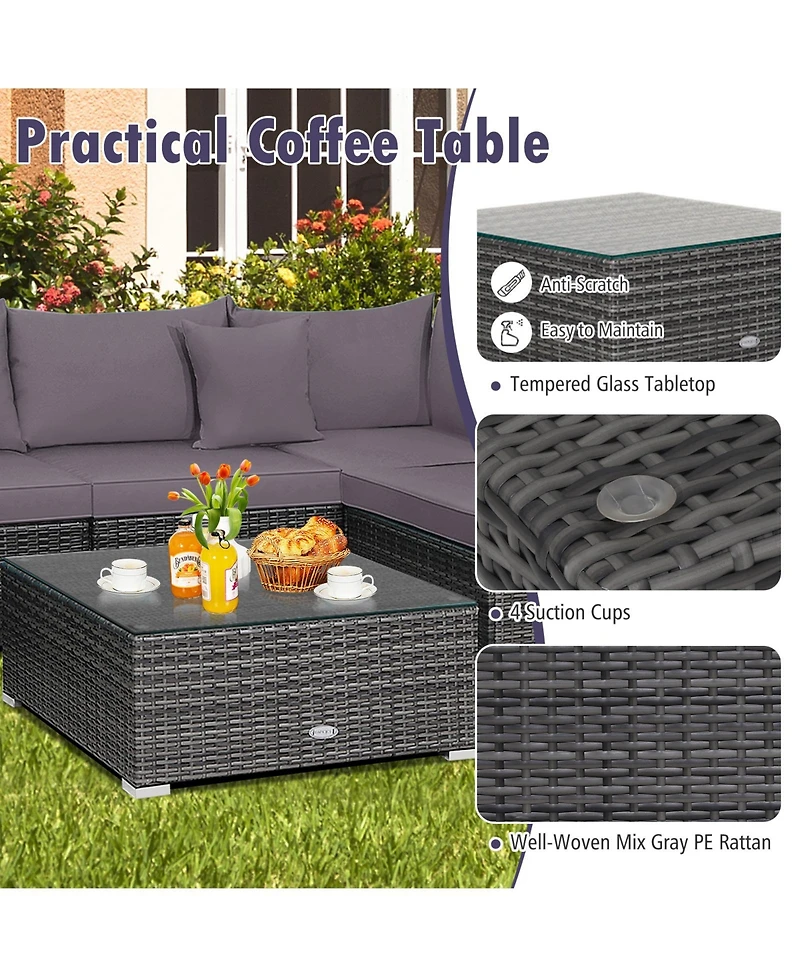 7 Pieces Patio Rattan Furniture Set Sectional Sofa Garden Cushion