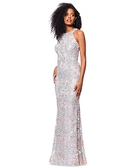 Xscape Petite High-Neck Sleeveless Lace Sheath Gown