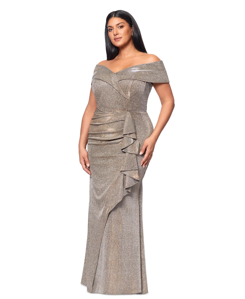 Xscape Plus Sweetheart-Neck Off-The-Shoulder Metallic Gown