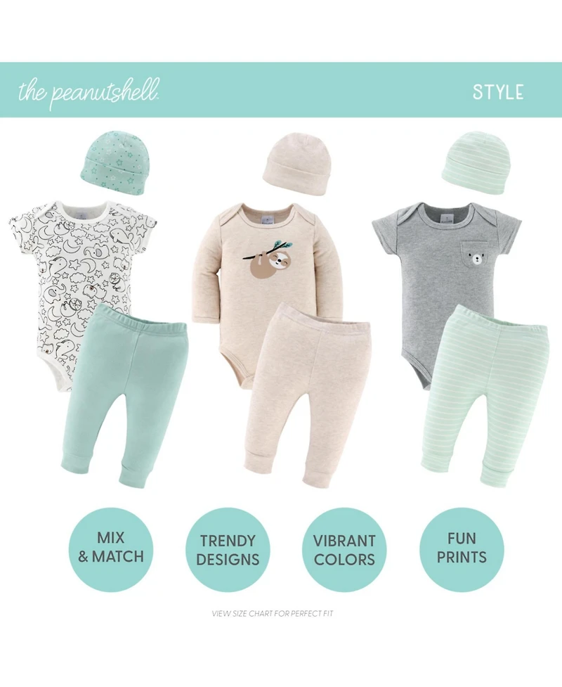 The Peanutshell Restful Basics Newborn Layette Set for Baby Boys and Girls, 30-Pieces, Green/Grey