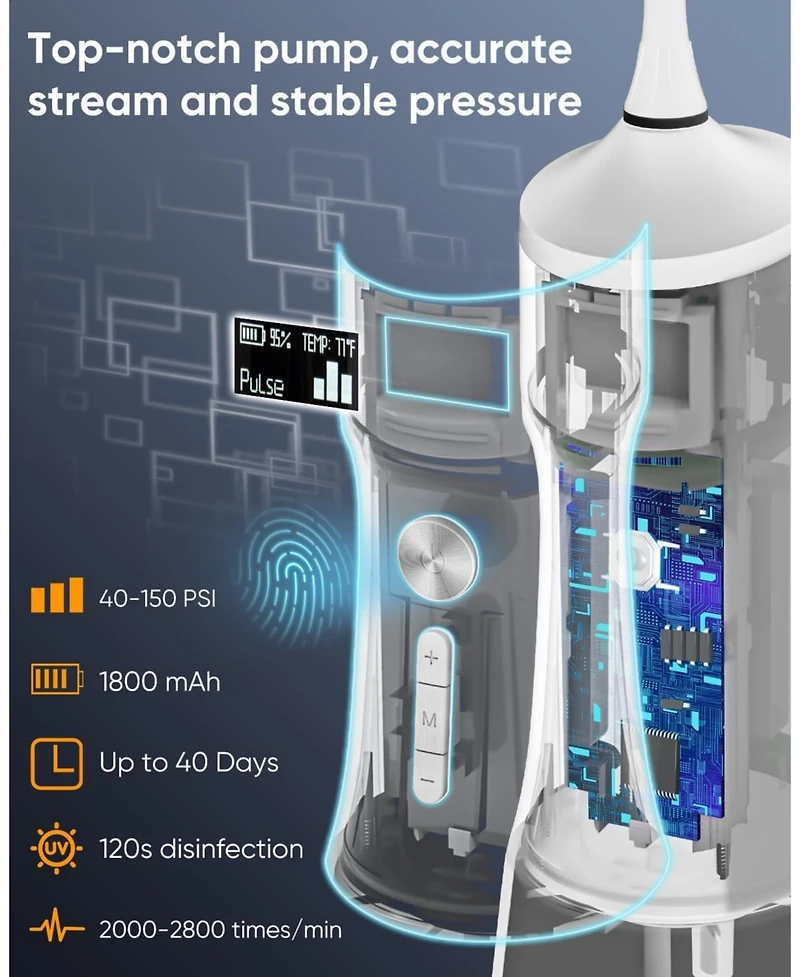 MySmile LP221 Uvc Sterilizable Cordless Water Flosser 335ML Tank Oled Display Dental with 4 Modes 8 Jet Tips & Storage Pouch for Home Travel