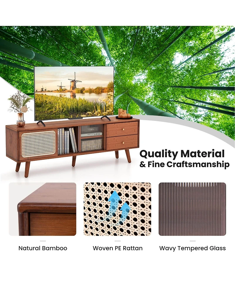 Bamboo Tv Stand Console Table with Pe Rattan Door & 2 Drawers for up to 65''