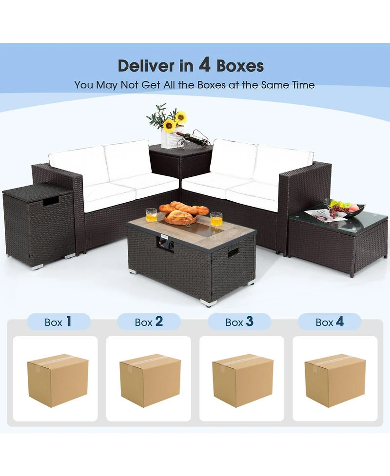 Gouun 6 Pieces Outdoor Wicker Furniture Set with 32 Inch Propane Fire Pit Table