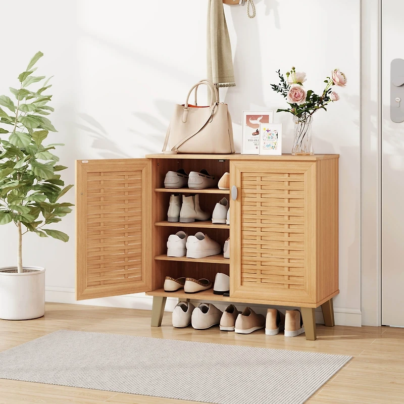 2-Door Shoe Cabinet with Ventilated Woven Doors & 3 Removable Shelves for Entryway