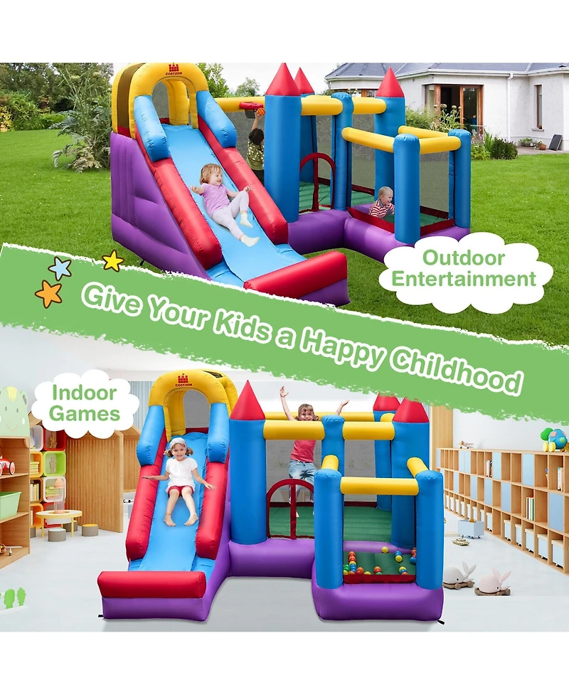 Gymax Inflatable Bounce House 5-in-1 Inflatable Bouncer Indoor&Outdoor w/ 680W Blower
