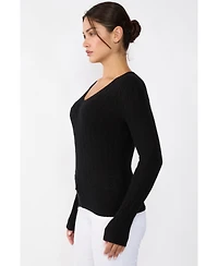Jennie Liu Women's 100% Cashmere Cable-knit Long Sleeve Pullover V Neck Sweater