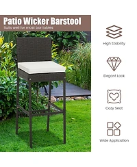 2 Pcs Patio Wicker Barstools Bar Height Chairs W/ Cushions Backyard