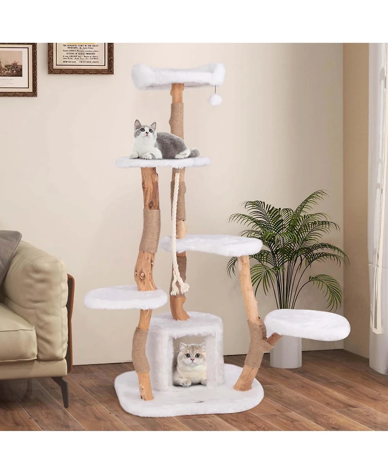 Costway 66" Tall Solid Wood Cat Tree with Perch Condo Jute Scratching Posts Sisal Rope