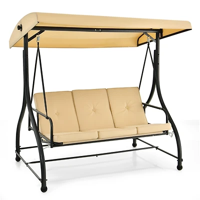 Converting Outdoor Swing Canopy Hammock 3 Seats Patio Deck Furniture beige