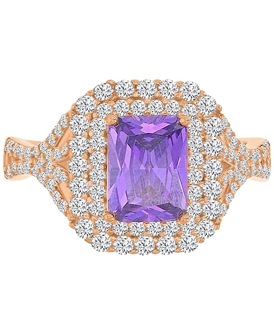 Purple & White Cubic Zirconia Double Halo Statement Ring 14k Rose Gold-Plated Sterling Silver