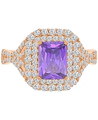 Purple & White Cubic Zirconia Double Halo Statement Ring 14k Rose Gold-Plated Sterling Silver