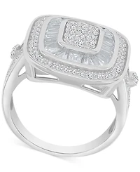 Cubic Zirconia Round & Baguette Halo Cluster Statement Ring Sterling Silver