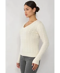 Jennie Liu Women's 100% Cashmere V-Neck Sweater | Chuncky Cable-knit Sweaters