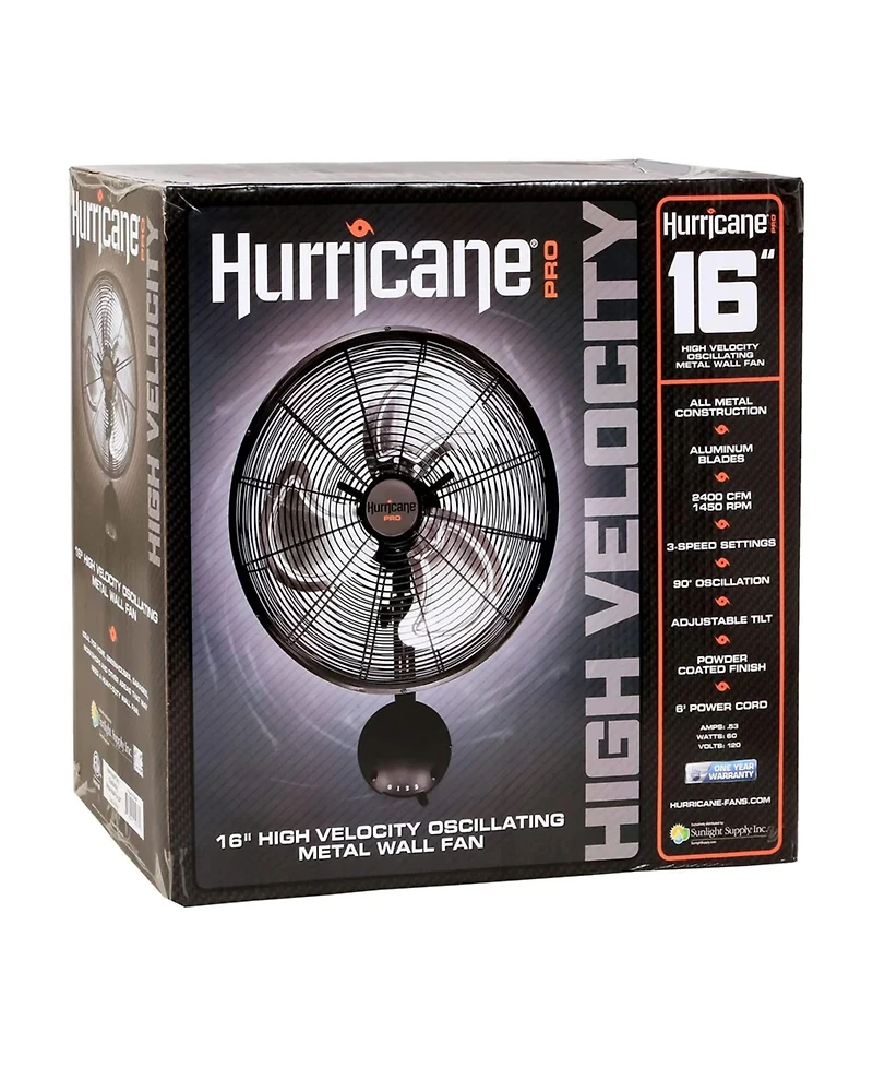 Hurricane 16 Inch Pro High Velocity Oscillating Metal Wall Mount Fan, Black