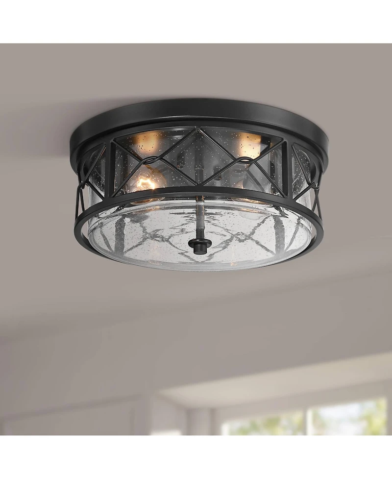 Franklin Iron Works Quincy 14" Industrial Flush-Mount Ceiling Light Fixture Kitchen Foyer Hallway Round 2-Light Black Seeded Glass