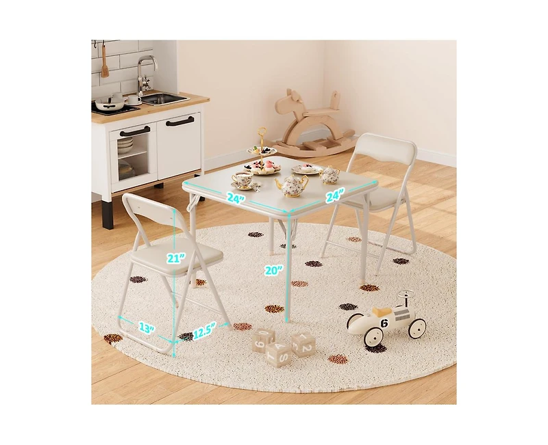 Boys and Girls Folding Table and Chairs Set of 3, Portable Table and Chair with Pu Soft Cushion, No Installation Required, Suitable for Eating