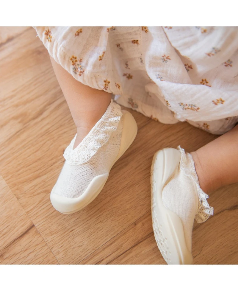 Komuello Baby Girls First Walk Sock Shoes Flat - Sweet Latte Lace