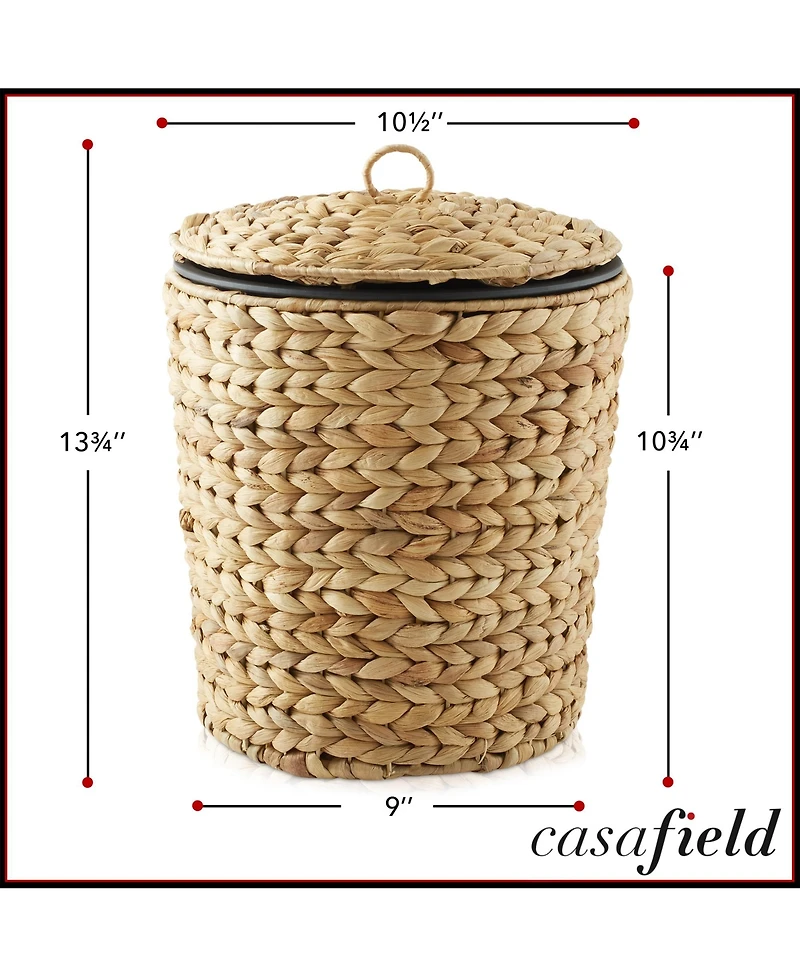 Casafield Hyacinth Trash Can with Lid and Liner - Natural, Woven Waste Basket for Garbage in the Bathroom, Bedroom, Laundry Room, Home Office