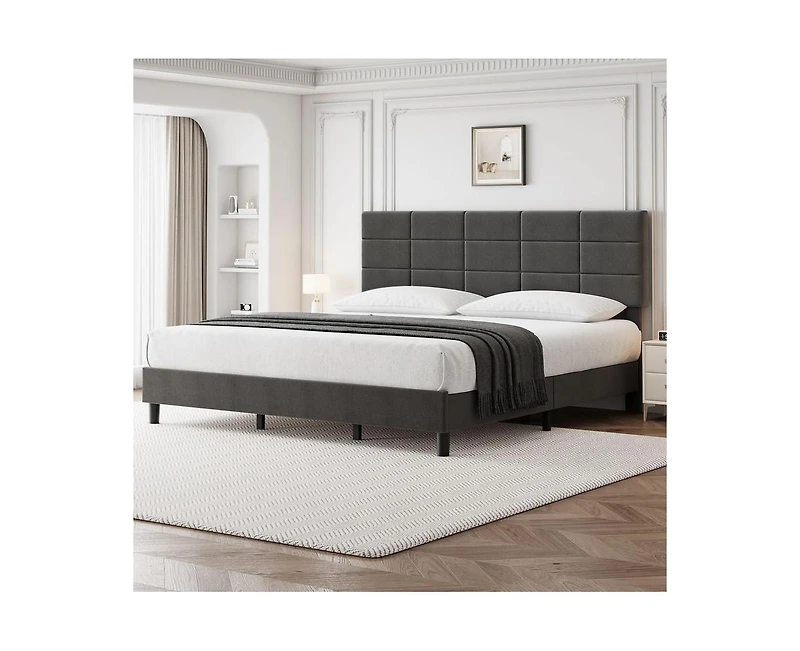 gaomon King Bed Frame, Linen Upholstered Platform King Bed Frame with Height Adjustable Headboard, Metal Frame King Bed Frame with Strong Wood Slats a