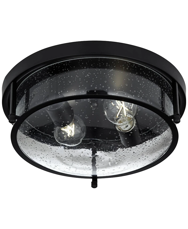 Franklin Iron Works Midnight 13" Modern Flush-Mount Ceiling Light Fixture Kitchen Foyer Hallway Round 2-Light Black Seeded Glass