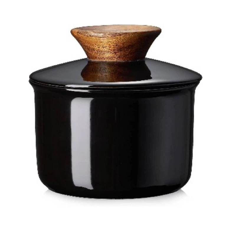 Porcelain Butter Keeper Crock, French Butter Dish with Lid to Leave on Counter - Black Wood
