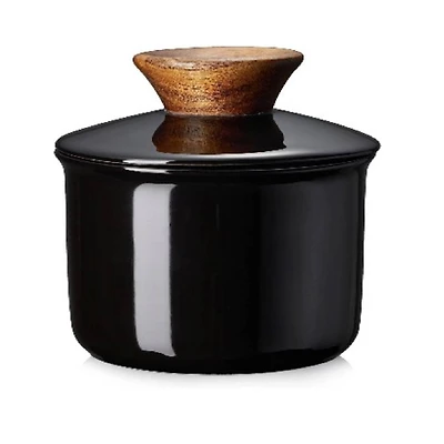Porcelain Butter Keeper Crock, French Butter Dish with Lid to Leave on Counter - Black Wood