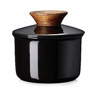 Porcelain Butter Keeper Crock, French Butter Dish with Lid to Leave on Counter - Black Wood