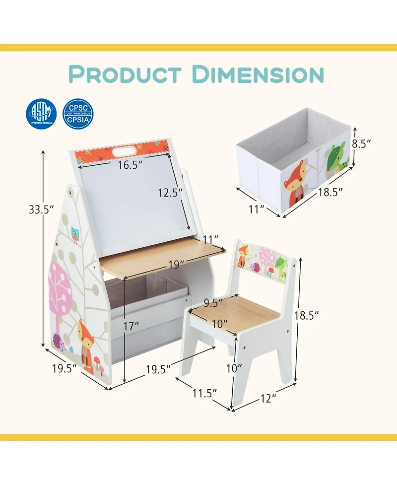 Gouun 3 in 1 Kids Easel and Play Station Convertible with Chair and Storage Bins