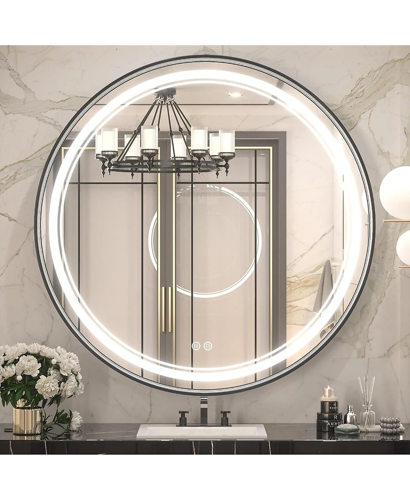 keonjinn Round Vanity Mirror Led Lighted Metal Wall Mirror Dimmable Bathroom Mirror