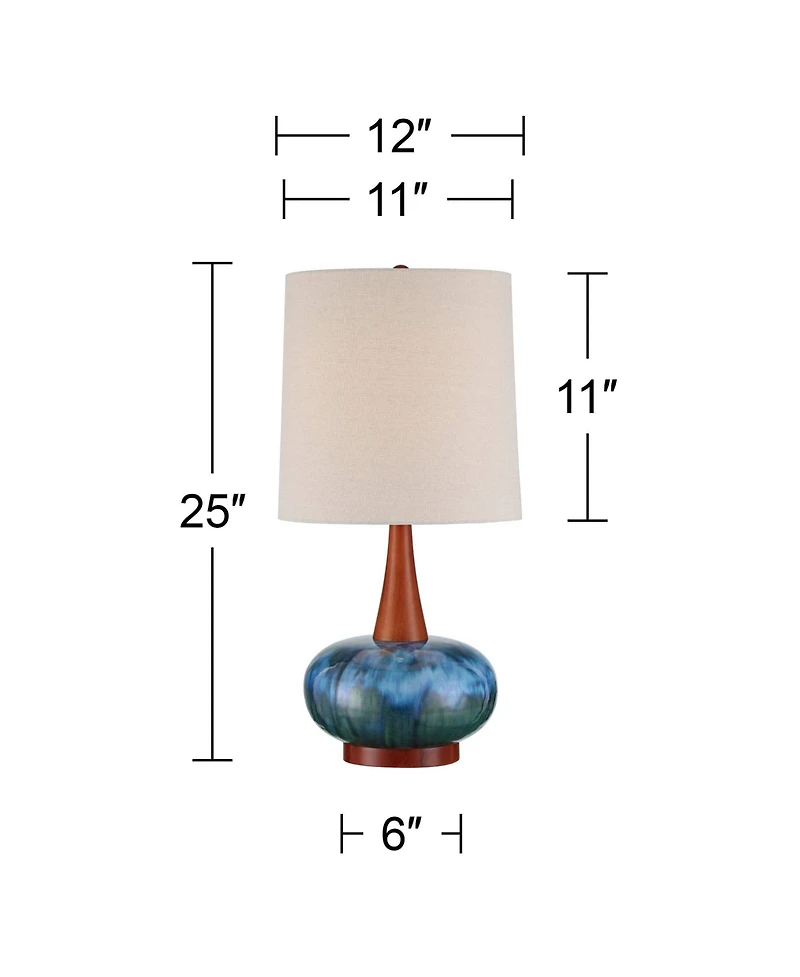 360 Lighting Andi 25" High Mid Century Modern Coastal Table Lamp Blue Green Ceramic Wood Single Fabric White Shade Living Room Bedroom Bedside Nightst