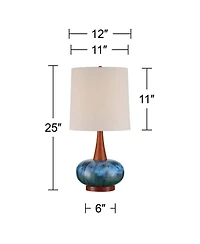 360 Lighting Andi 25" High Mid Century Modern Coastal Table Lamp Blue Green Ceramic Wood Single Fabric White Shade Living Room Bedroom Bedside Nightst