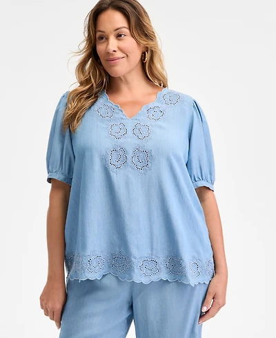 Style & Co Plus Size Scalloped Eyelet Top, Exclusively at Macy's
