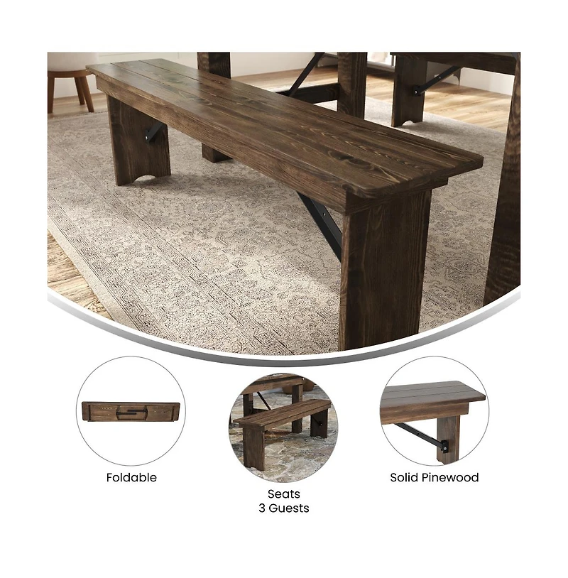 Merrick Lane Tinsley 60" X 12" Solid Pine Folding Farmhouse Style Bench, Rustic Pinewood Folding Dining Bench With Locking Legs