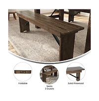 Merrick Lane Tinsley 60" X 12" Solid Pine Folding Farmhouse Style Bench, Rustic Pinewood Folding Dining Bench With Locking Legs