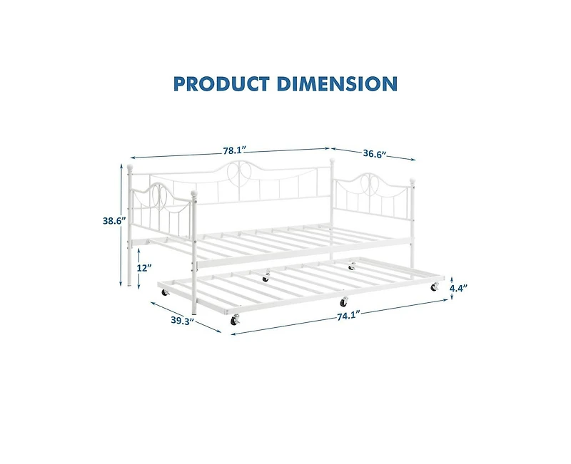 Twin Daybed with Trundle, Modern Pull Out Day Bed Frame with Vintage Headboard, Metal Daybed with Sturdy Slat Support, for Small Spaces, Kids Room, Li