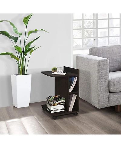 Kings Brand Furniture - Farrell Snack Side End Table with Storage Shelves and Wheels, Chocolate