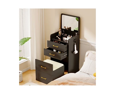 Vlsrka 3-in-1 Vanity Desk with Flip-Top Mirror, Glass Top, 3 Drawers, and Stool