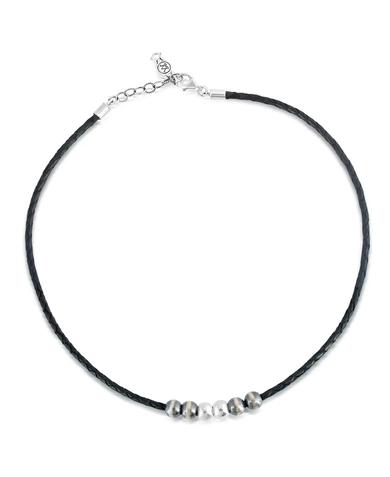 American West Jewelry Sterling Silver Braided Black Genuine Leather Beaded Necklace 20 to 22 Inches