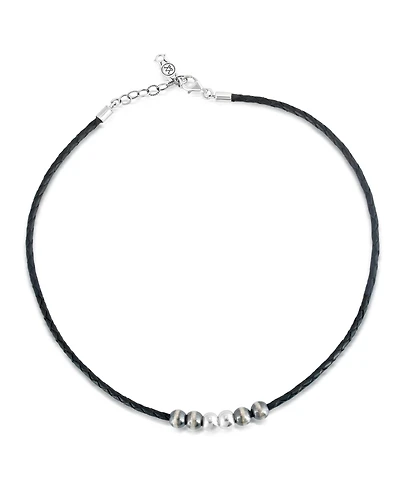 American West Jewelry Sterling Silver Braided Black Genuine Leather Beaded Necklace 20 to 22 Inches