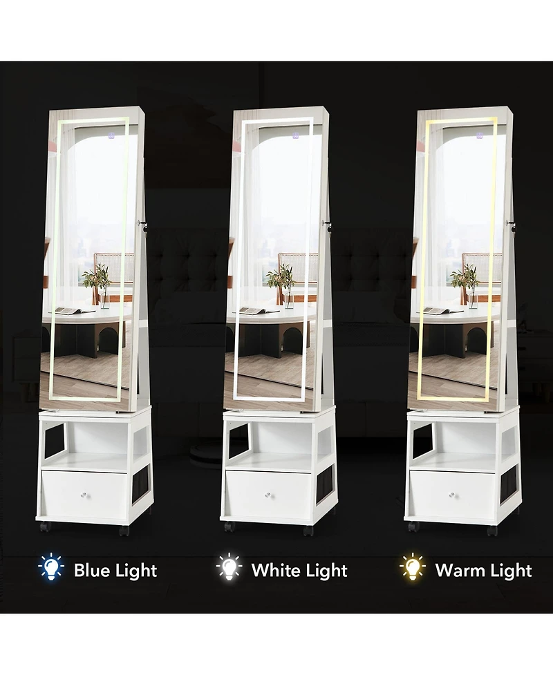 gaomon 360° Swivel Jewelry Armoire with Full Length Mirror, Led Vanity Mirror with Jewelry Storage Drawer, Shelf, Wheels, Freestanding Lockable J